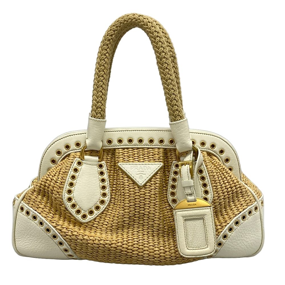 Prada Handbag BN1472 Beige White Straw Leather